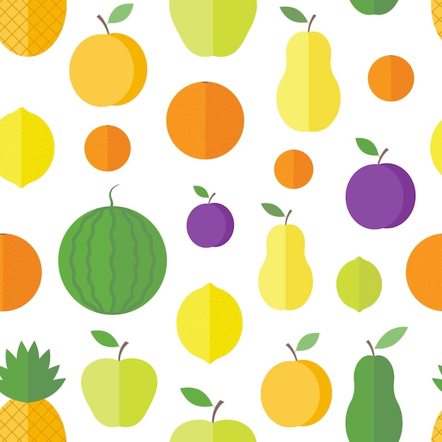 Seamless pattern with fresh fruits and berries on a white background in flat style. Vector background