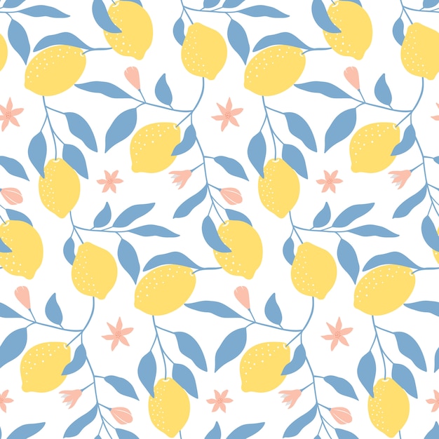 Seamless pattern with fresh lemons, leaves and flowers. 