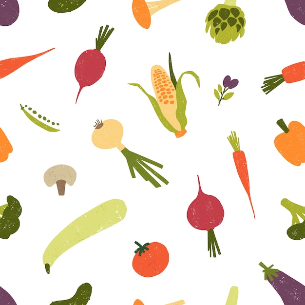 Seamless pattern with fresh organic vegetables or harvested crops scattered on white background. Backdrop with healthy veggie food products. illustration for textile print, wrapping paper.