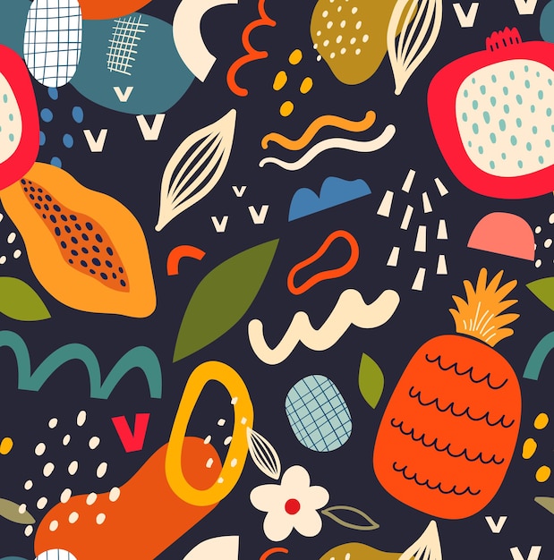 Seamless pattern with fresh stylish template with abstract elements and fruits.