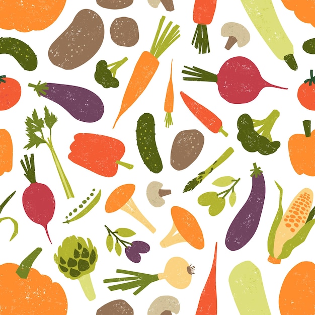 Seamless pattern with fresh tasty organic vegetables and mushrooms on white background.