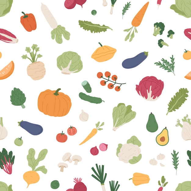 Seamless pattern with fresh vegetables and greens on white background. Repeating texture with healthy vegetarian food. Veggie harvest backdrop for decor. Colored flat vector illustration for printing