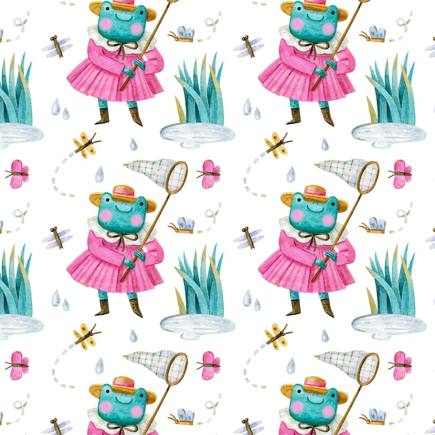 Seamless pattern with frog in dress and hat