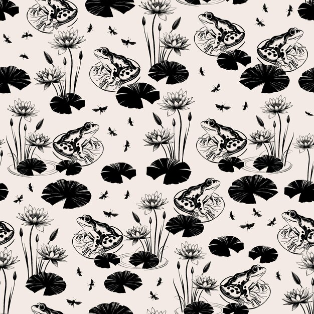 Vector seamless pattern with frogs and water lilies