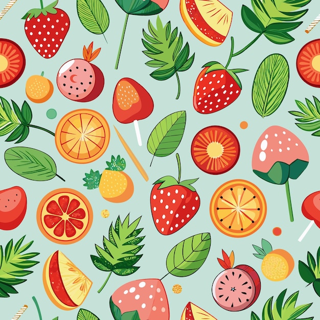 Vector seamless pattern with fruits and leaves on a light blue background