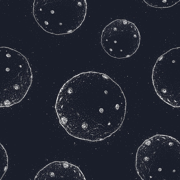 Seamless pattern with full moon in outer space with lunar craters. hand drawn   illustration