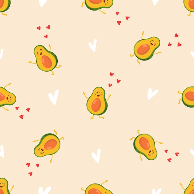 Seamless pattern with funny bright avocado characters