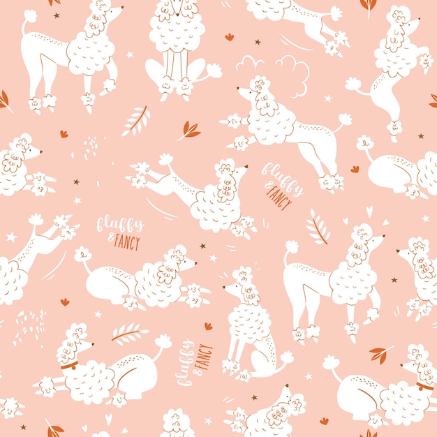 Seamless pattern with funny cartoon poodle dogs