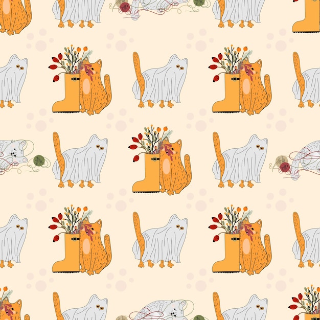 Seamless pattern with funny cats. Cute cat. Playful and cheerful kitten. Flat illustration, doodle,