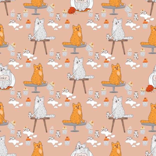 Seamless pattern with funny cats. Cute cat. Playful and cheerful kitten. Flat illustration, doodle,