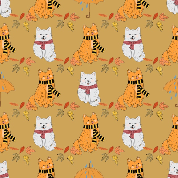 Seamless pattern with funny cats. Cute cat. Playful and cheerful kitten. Flat illustration, doodle,