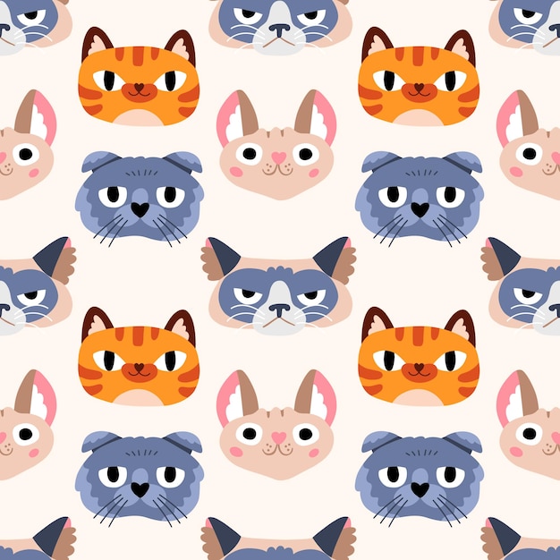 Seamless pattern with funny cats faces