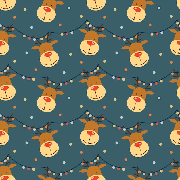 Seamless pattern with funny Christmas deer and garland