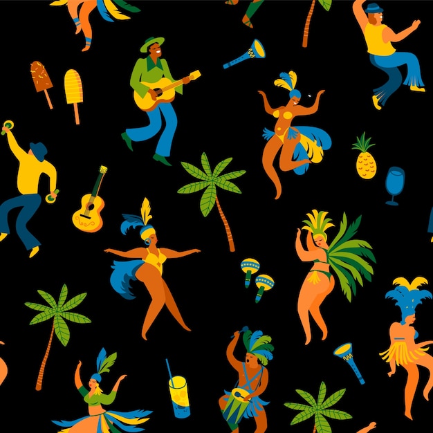 Seamless pattern with funny dancing men and women in bright costumers.