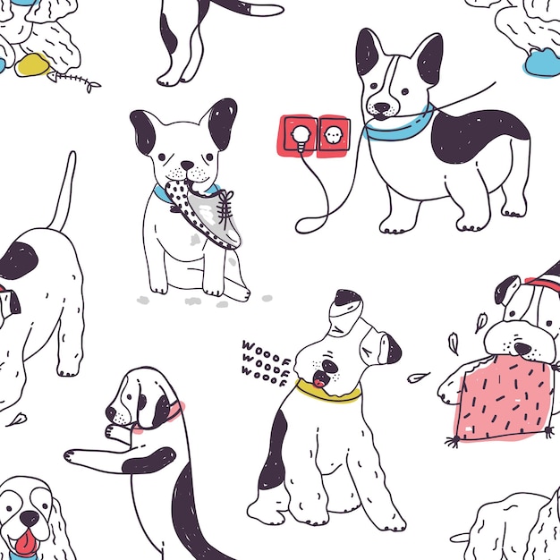 Seamless pattern with funny dogs demonstrating bad habits and disobedient behavior. Backdrop with naughty domestic animals or pets. Colored hand drawn vector illustration for fabric print, wallpaper