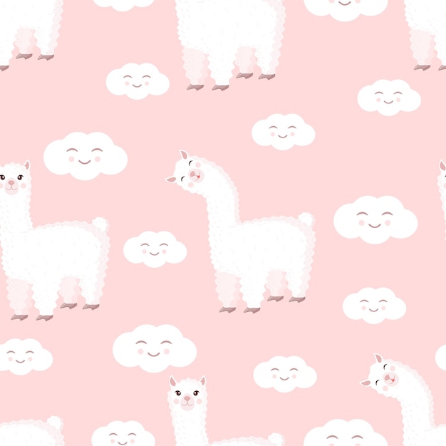 Seamless pattern with funny llama and clouds on a pink background