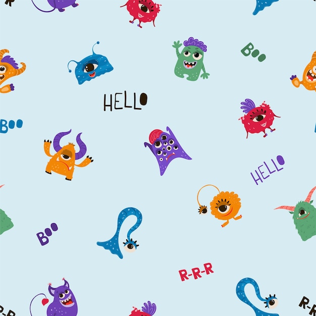 Seamless pattern with funny monsters in cartoon style. Children's background with cute characters for fabric design, Wallpaper, wrapping paper. Vector