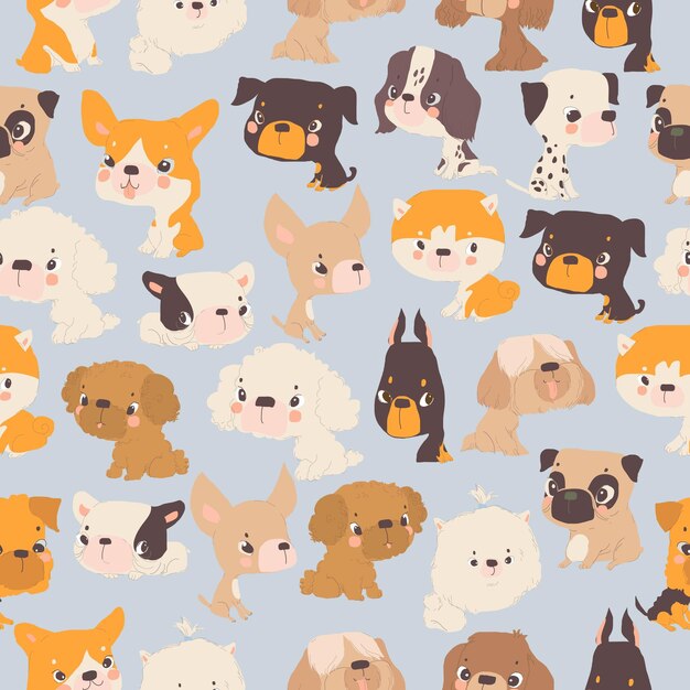 Vector seamless pattern with funny puppies on blue background