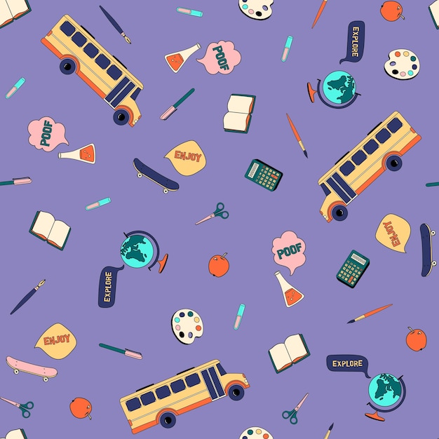 Seamless Pattern with Funny teenage stuff Gaming school supplies goodies and snacks