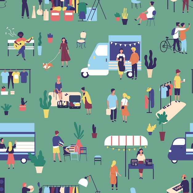 Seamless pattern with garage sale, outdoor festival.