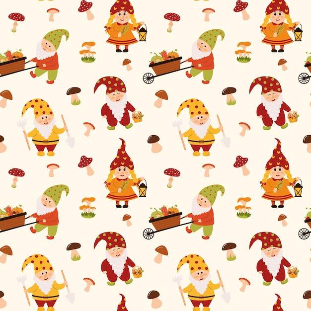 Seamless pattern with garden gnomes and mushrooms Autumn fall season harvesting thanksgiving concept