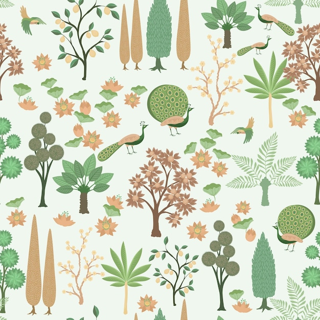 seamless pattern with garden palms lotus peacoc