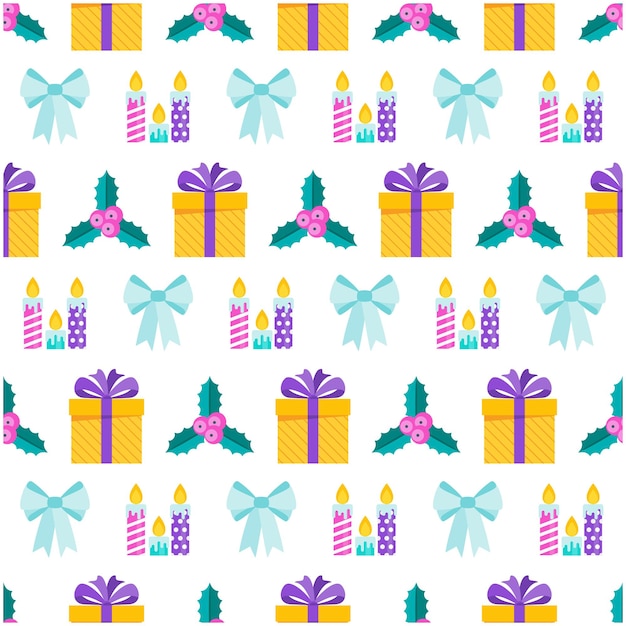 Seamless pattern with gift, bow and candels. Traditional decoration for greeting cards for for Merry Christmas and Happy New Year. Flat vector illustration.