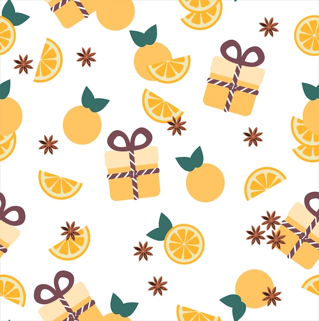 Seamless pattern with gift boxes oranges leaves cinnamon Vector illustration