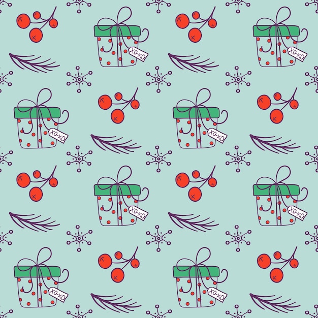 Seamless pattern with gift boxes and winter holidays elements. Cute Christmas or New Year background