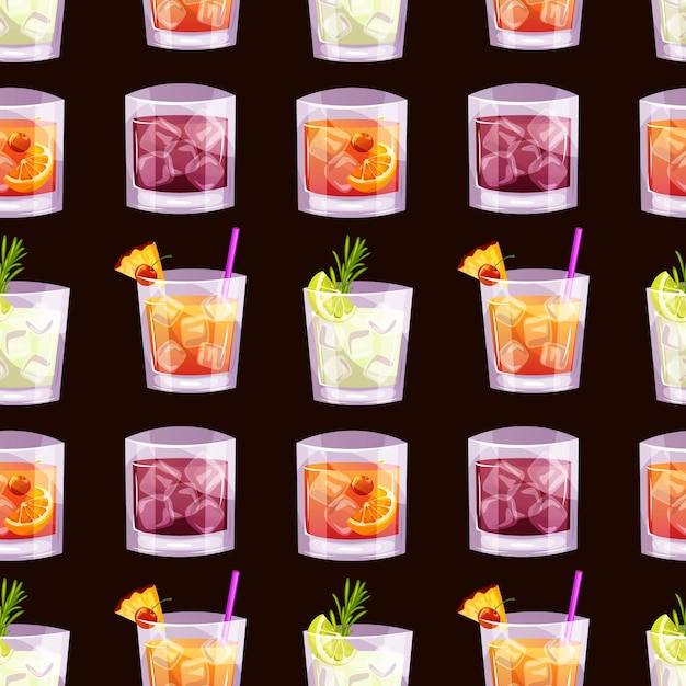 Seamless pattern with gin tonic whiskey soda old fashioned mai tai Italian aperitif cocktails A