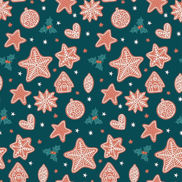 Seamless pattern with gingerbread cookies on dark green background christmas cute ornament vector fl...