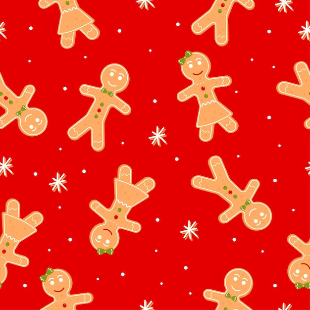 Seamless pattern with gingerbread man girl and snowflake Christmas cookie