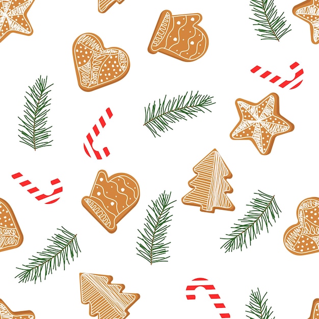 Seamless pattern with gingerbread and spruce branch eve tree and sweet Christmas stick. Vector illus