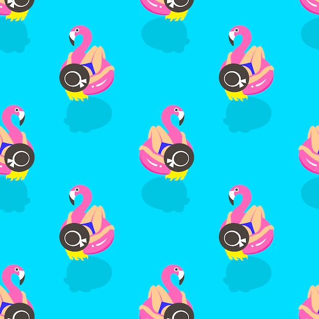 Seamless pattern with girls on an inflatable pink flamingo in summer of swims and rests.