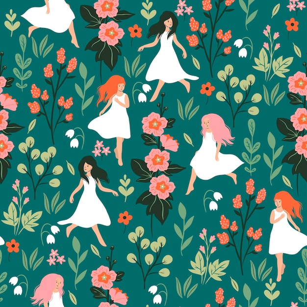 Seamless pattern with girls in white dresses in the meadow Vector graphics