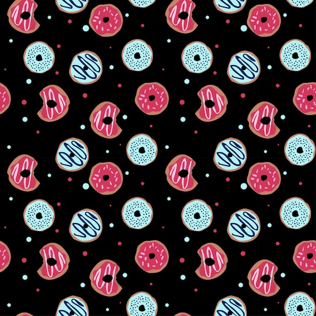 Seamless pattern with glazed donuts Bright juicy pattern on a black background