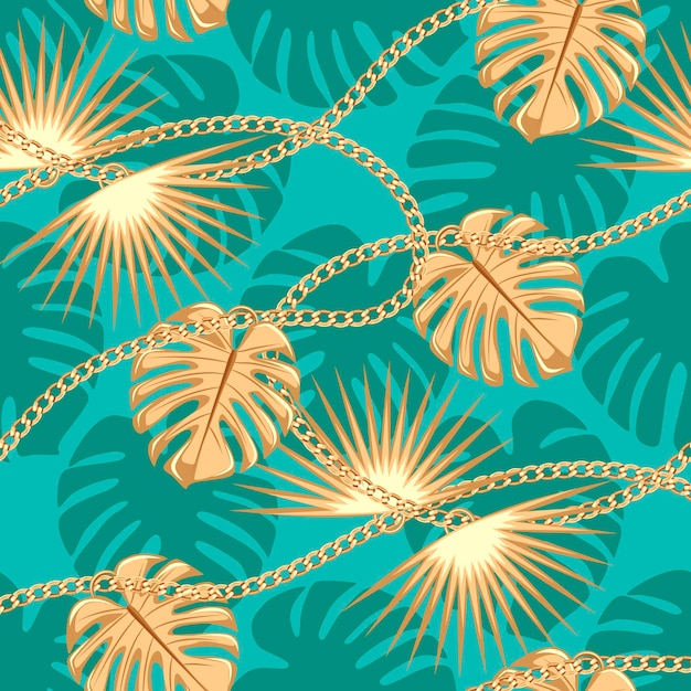 Seamless pattern with gold chain with palm leaves golden pendant. Trendy vektor illustration.