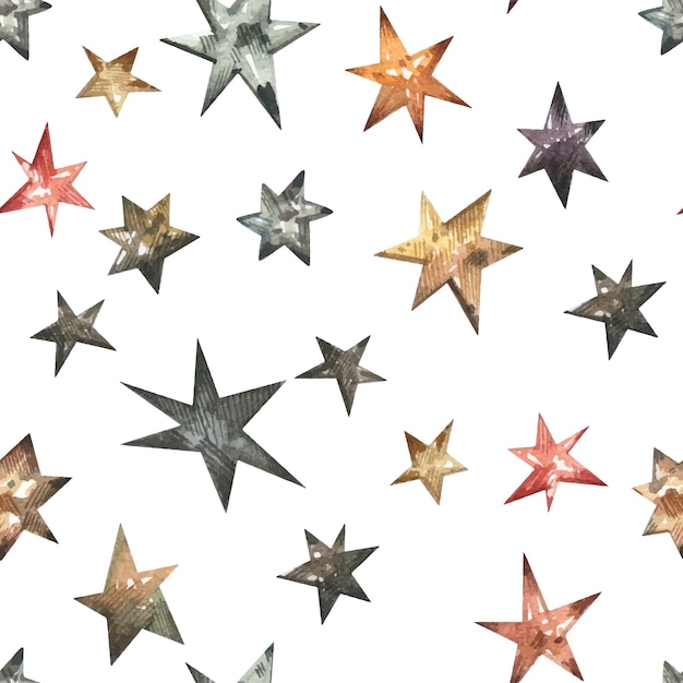 Seamless pattern with gold, silver and bronze stars on a black background. Star pattern.