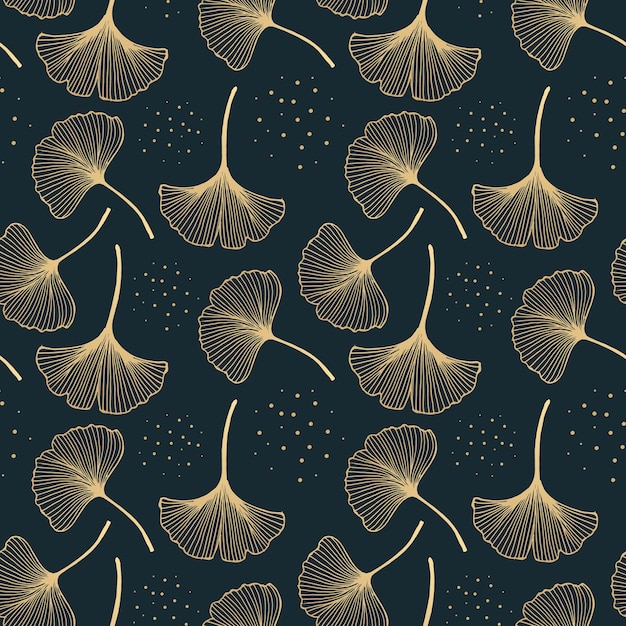 Vector seamless pattern with golden ginkgo leaves on a dark background colorful abstract background