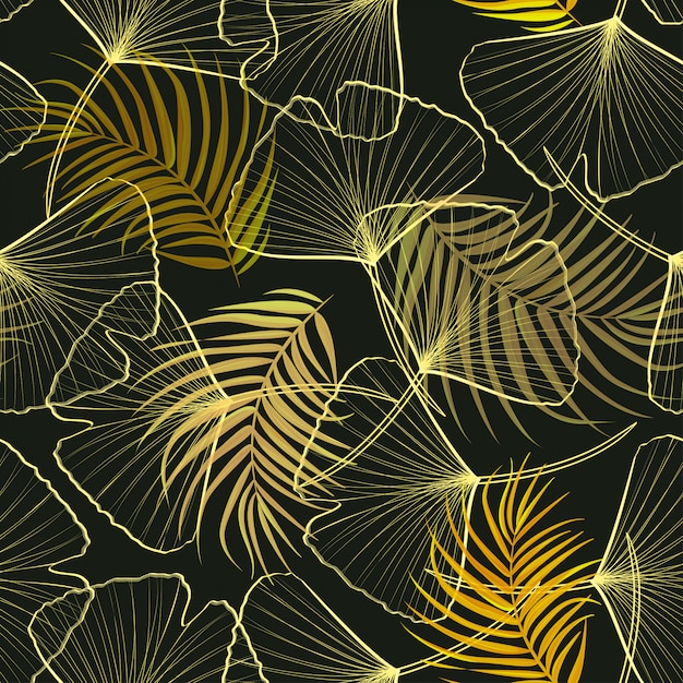 Seamless pattern with golden ginkgo and palm leaves.