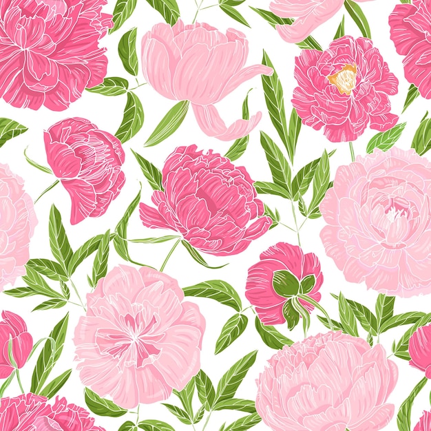 seamless pattern with gorgeous blooming peonies on white