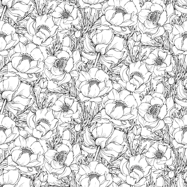 seamless pattern with graphic spring flowers