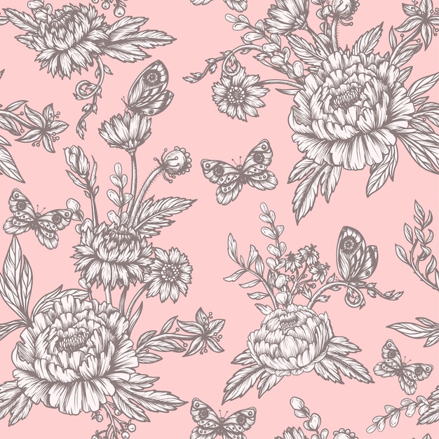 Seamless pattern with graphical peonies and wild flowers.