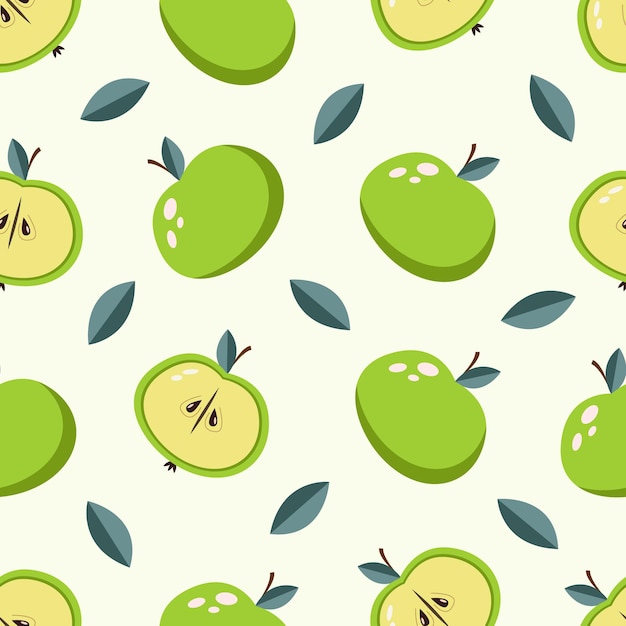 Seamless pattern with green apples and leaves