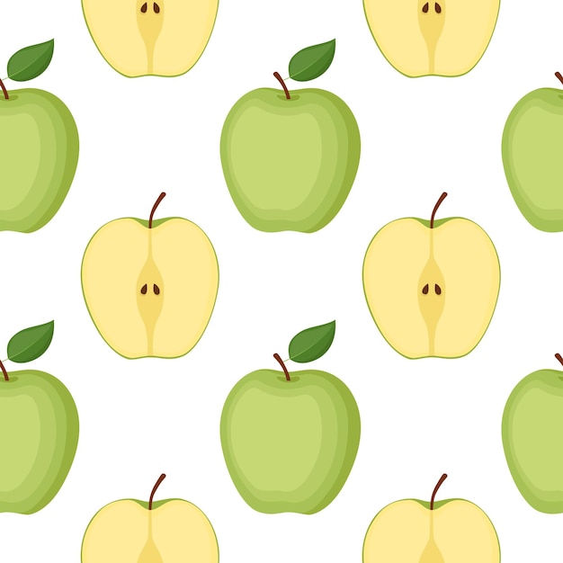 Seamless pattern with green apples whole fruits and halves vector illustration