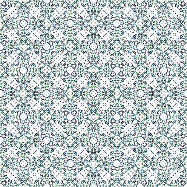 A seamless pattern with green and blue flowers and stars.