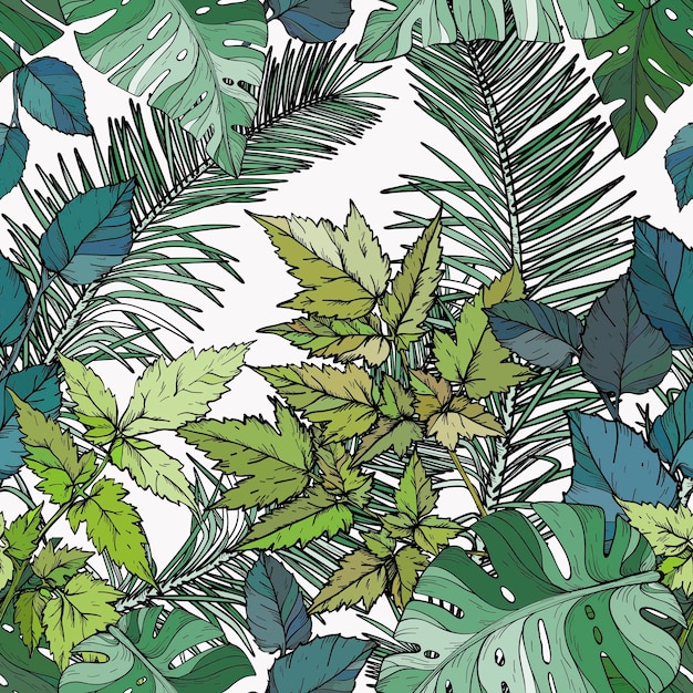 Seamless pattern with green foliage branches and leaves