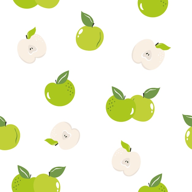 Seamless pattern with green juicy apples on white background