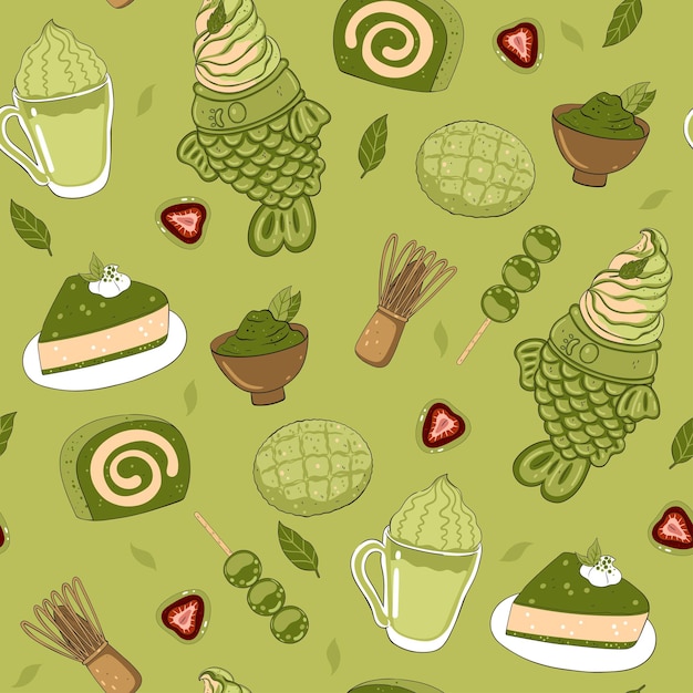 Seamless pattern with green matcha powder food drinks and leavesVector graphics