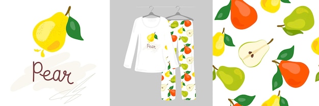 Seamless pattern with green pear on a white background Cute ladies designer pajamas